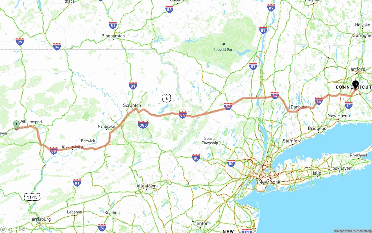 Shipping route from Pennsylvania to Connecticut