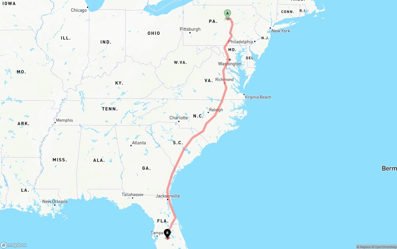Shipping route from Pennsylvania to Florida