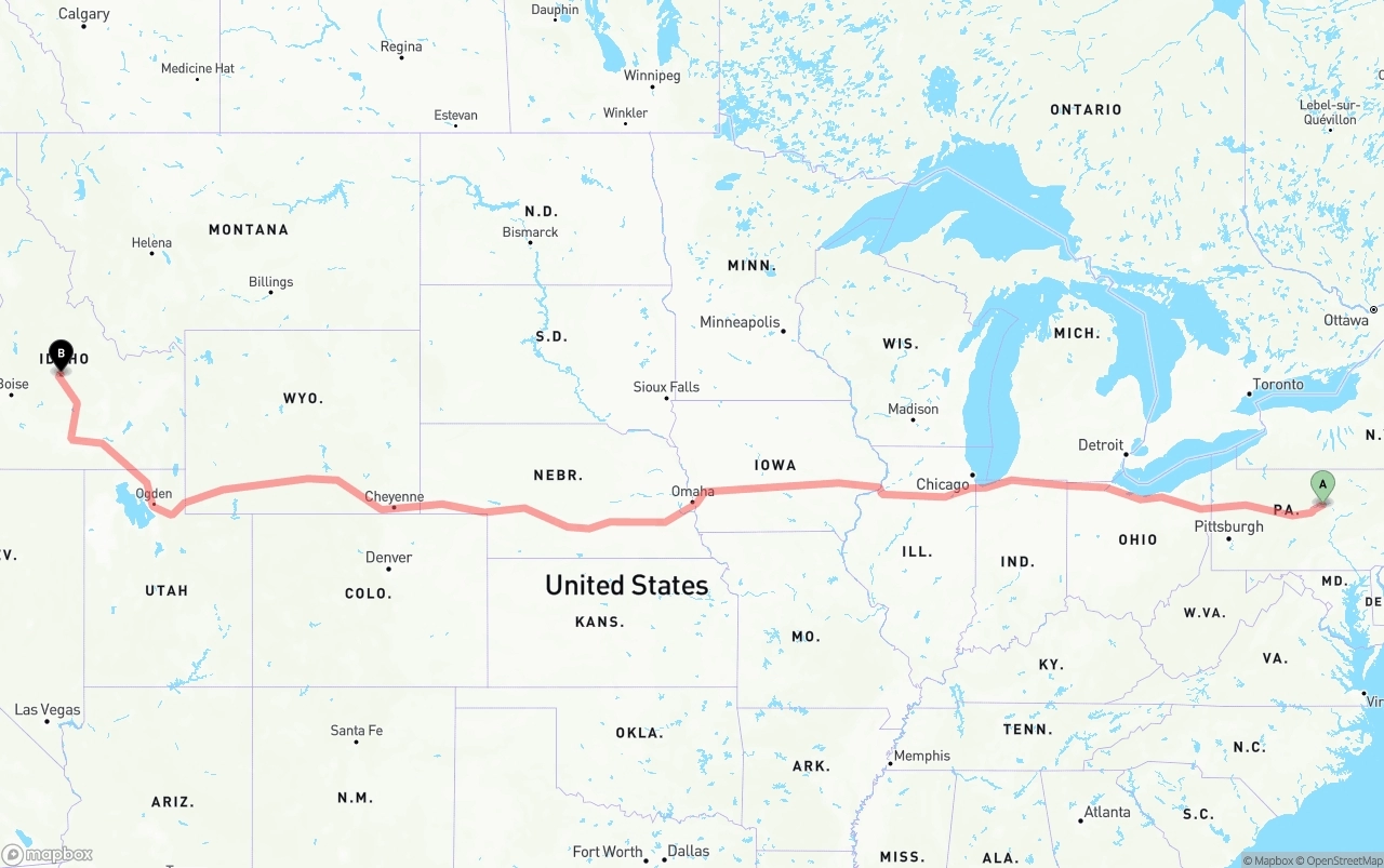 Shipping route from Pennsylvania to Idaho