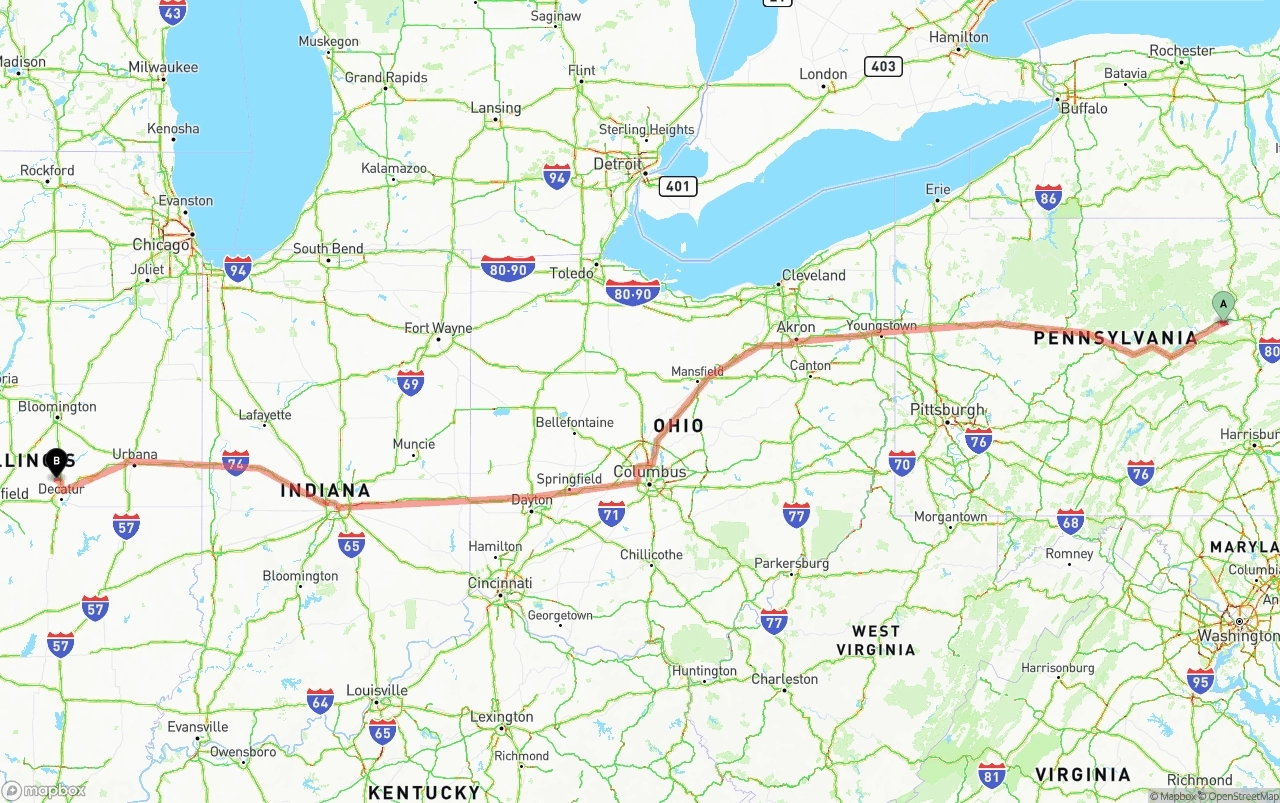 Shipping route from Pennsylvania to Illinois
