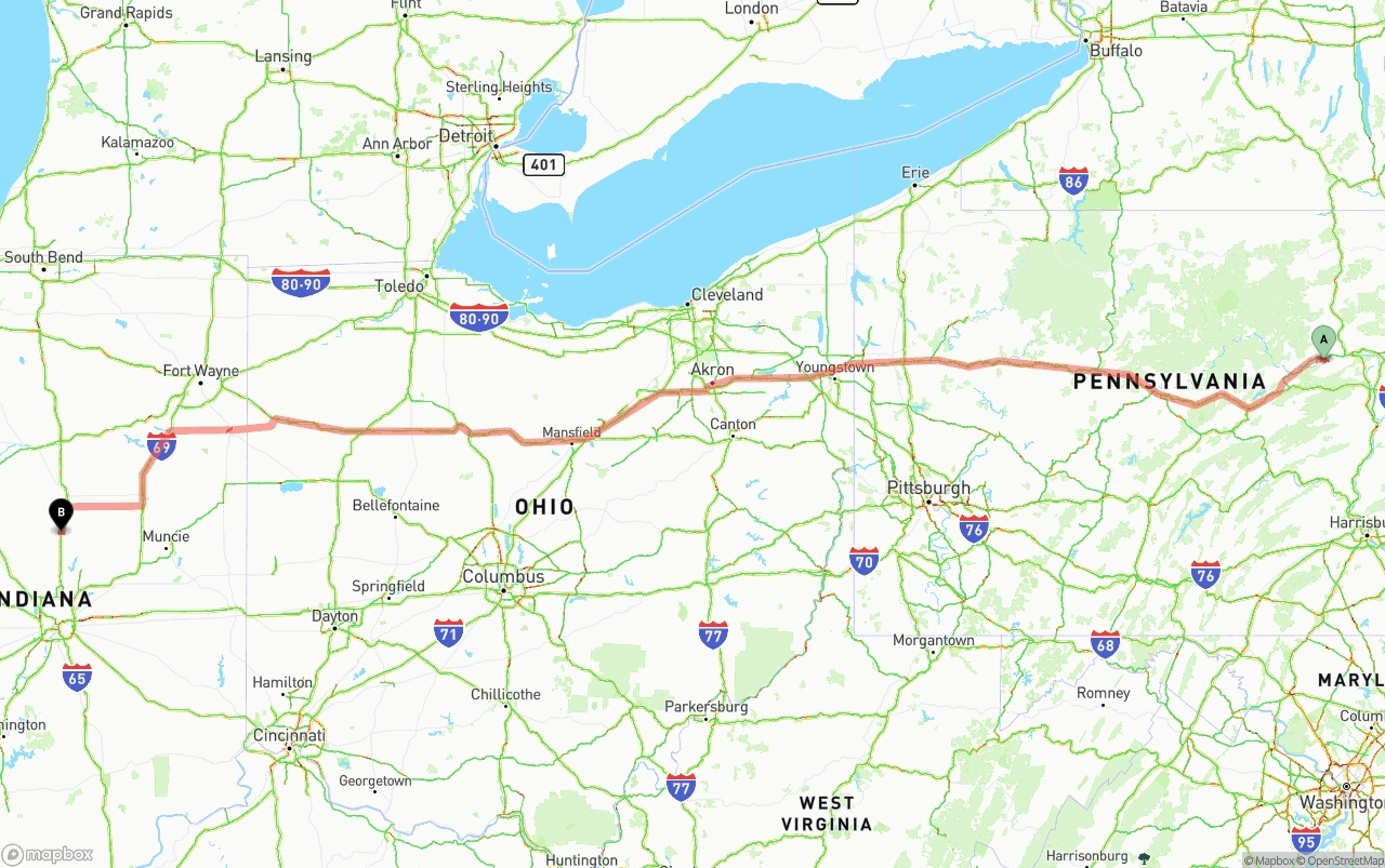 Shipping route from Pennsylvania to Indiana
