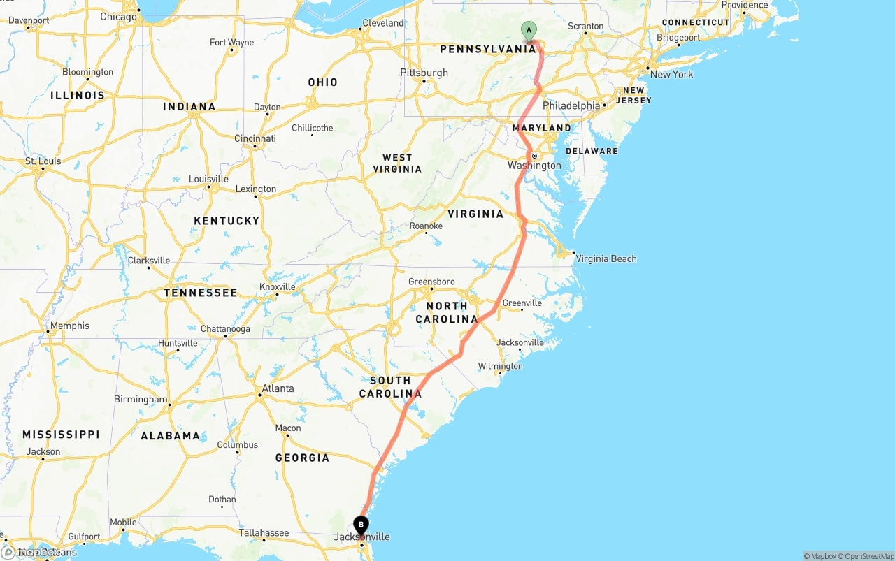 Shipping route from Pennsylvania to Jacksonville International Airport