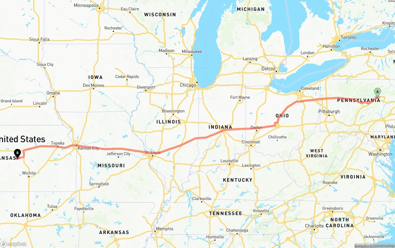 Shipping route from Pennsylvania to Kansas