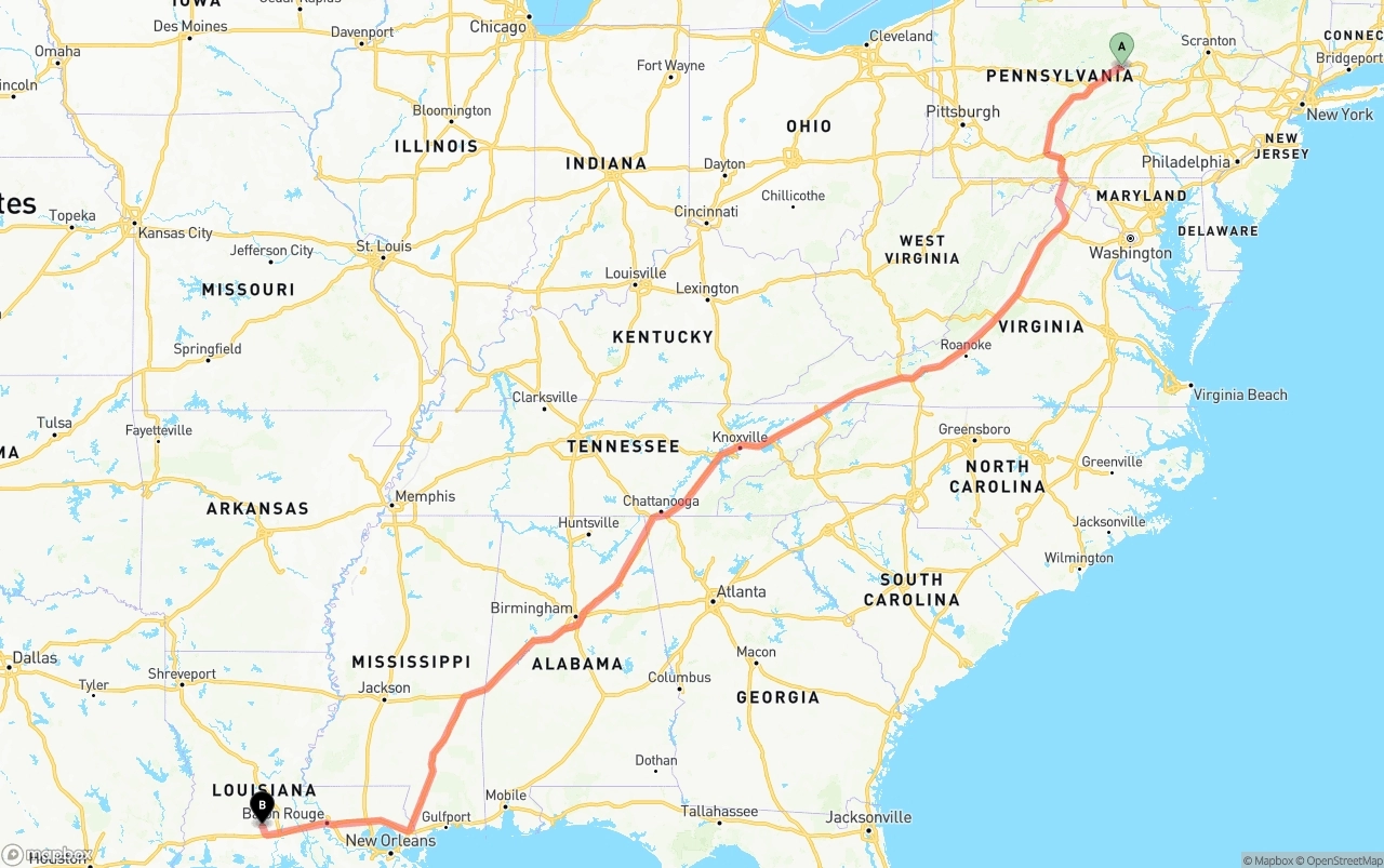Shipping route from Pennsylvania to Louisiana