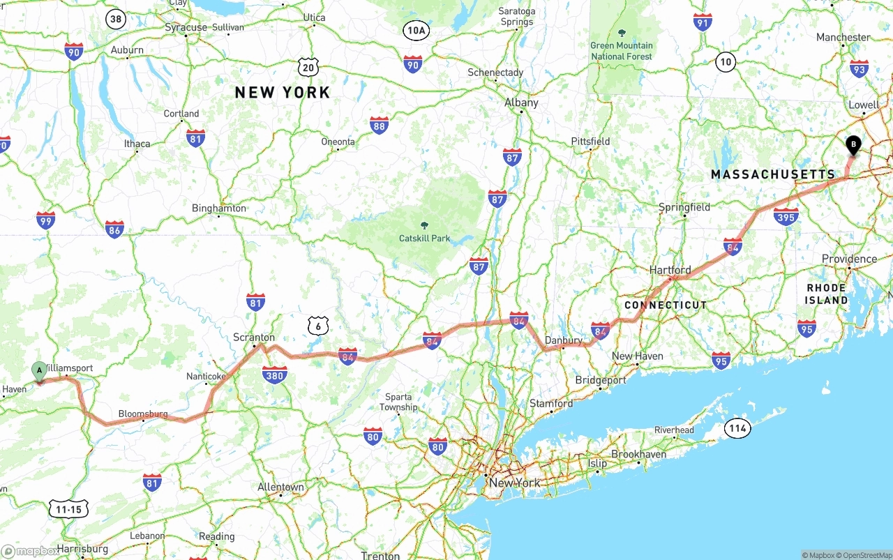 Shipping route from Pennsylvania to Massachusetts