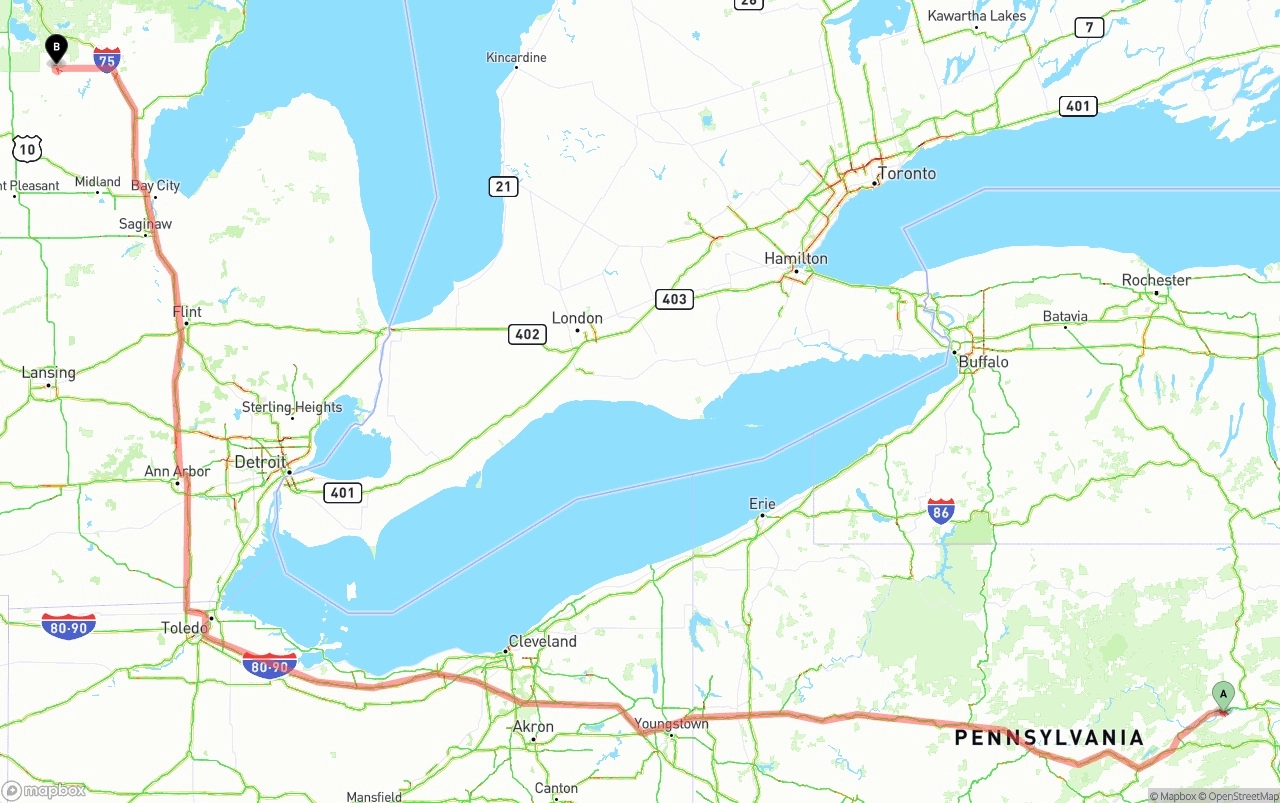 Shipping route from Pennsylvania to Michigan