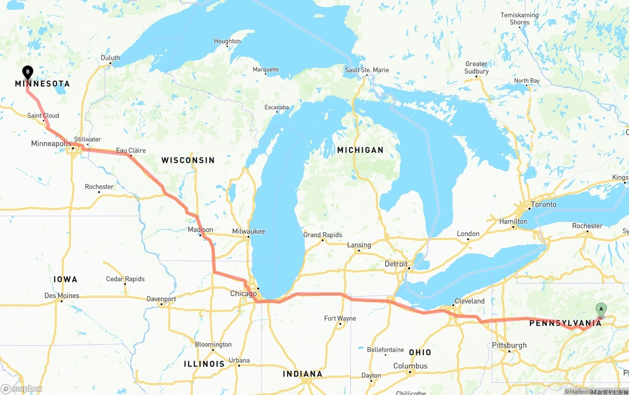 Shipping route from Pennsylvania to Minnesota