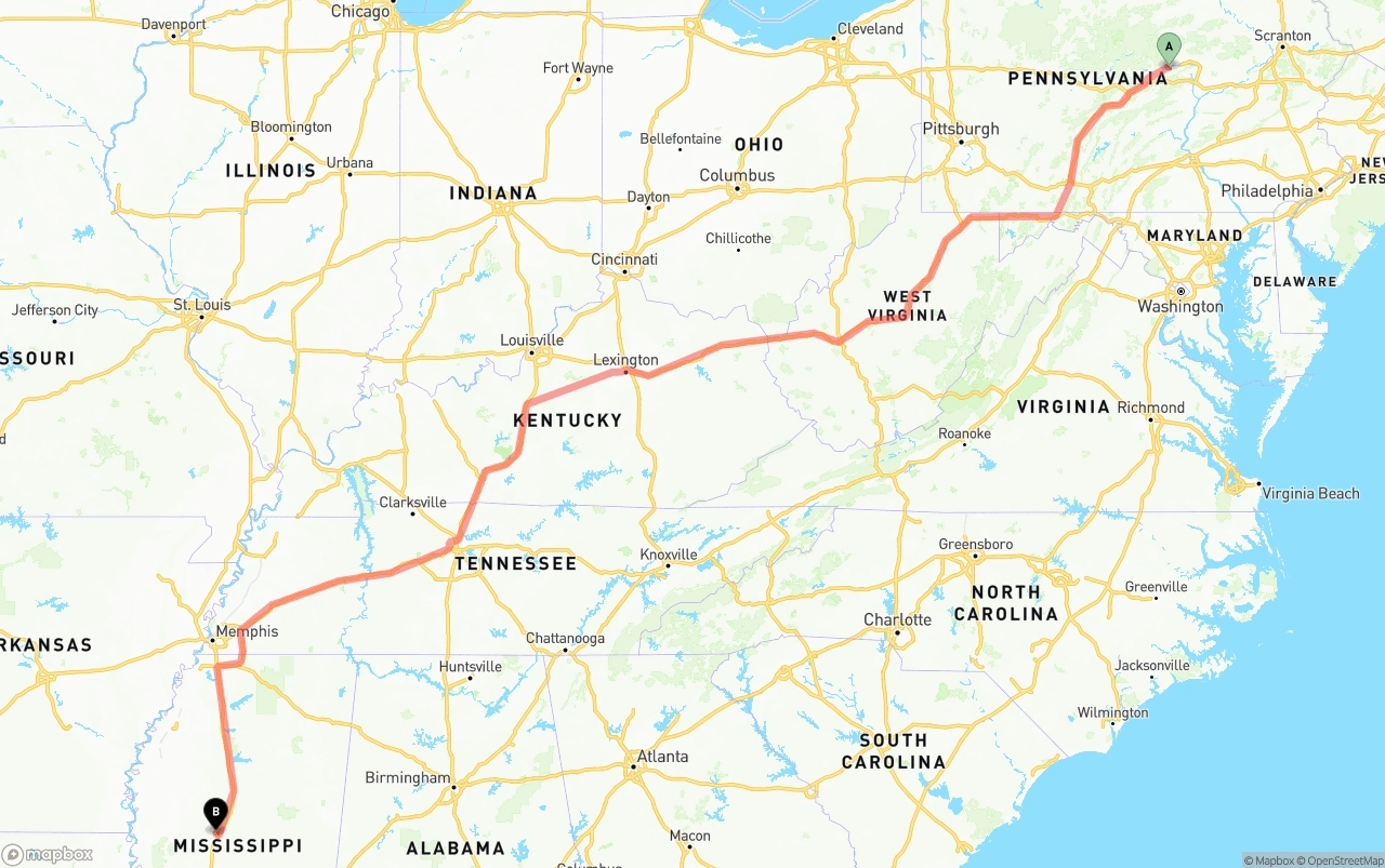 Shipping route from Pennsylvania to Mississippi