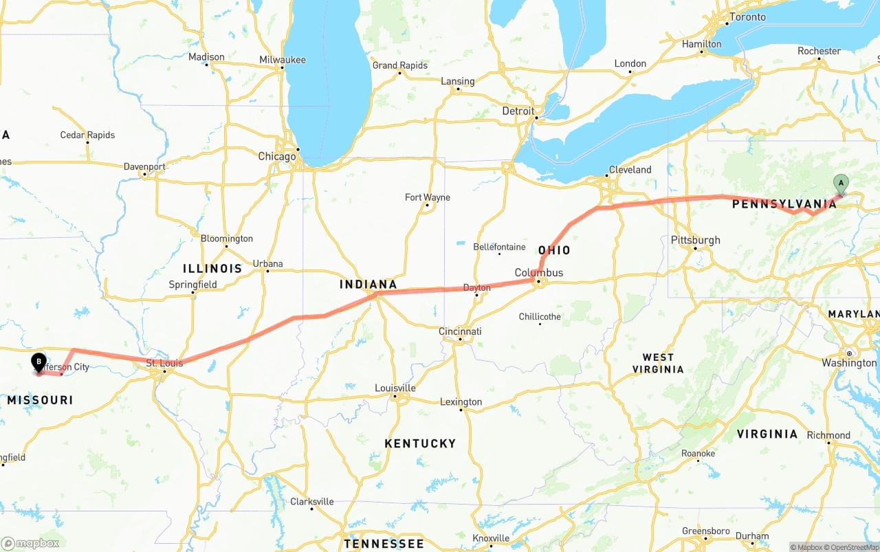 Shipping route from Pennsylvania to Missouri