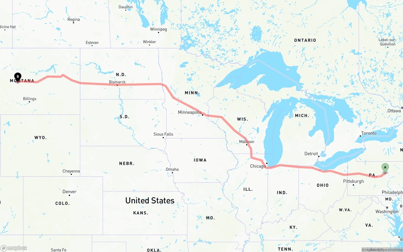 Shipping route from Pennsylvania to Montana