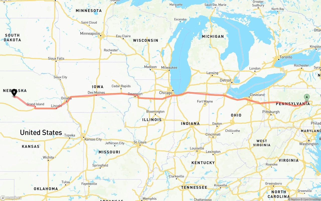 Shipping route from Pennsylvania to Nebraska
