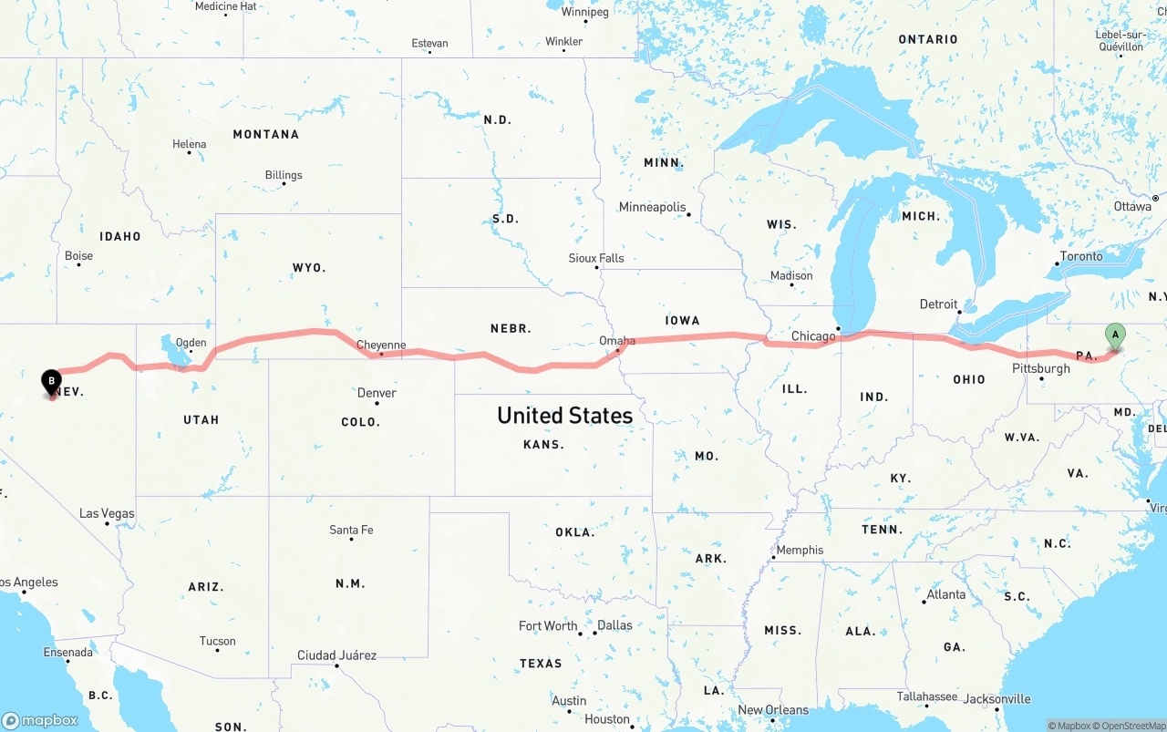 Shipping route from Pennsylvania to Nevada