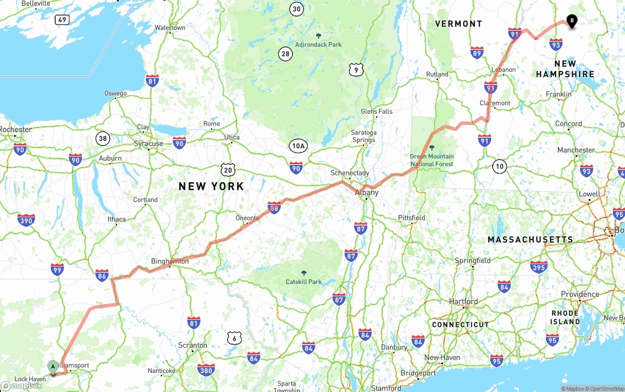 Shipping route from Pennsylvania to New Hampshire