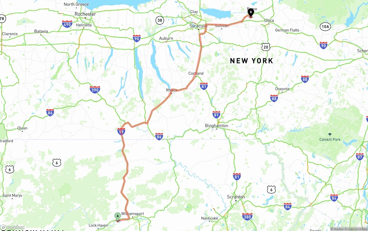 Shipping route from Pennsylvania to New York