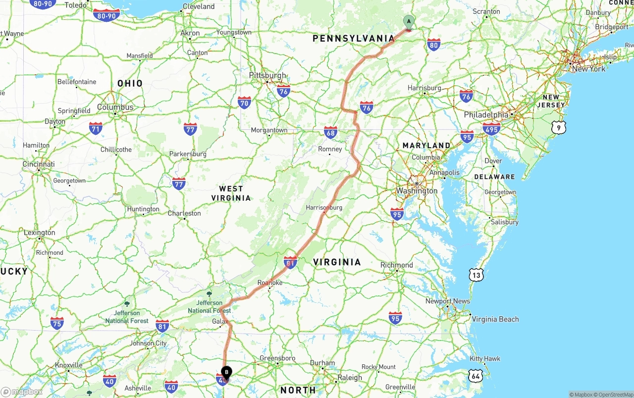 Shipping route from Pennsylvania to North Carolina