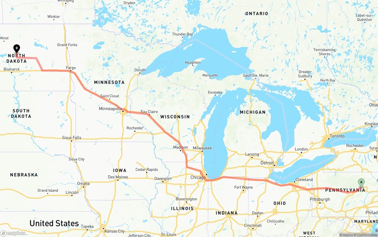 Shipping route from Pennsylvania to North Dakota
