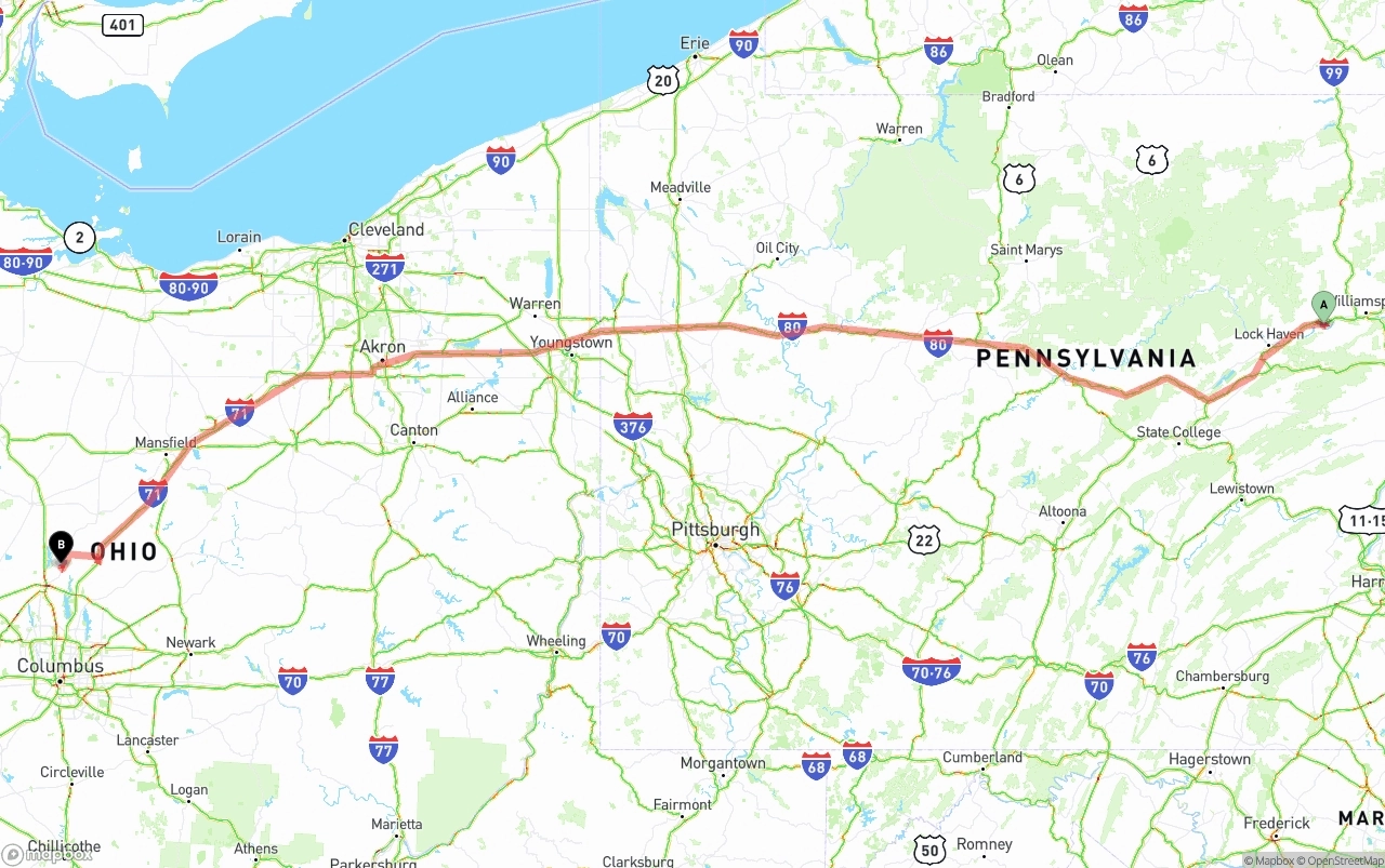 Shipping route from Pennsylvania to Ohio