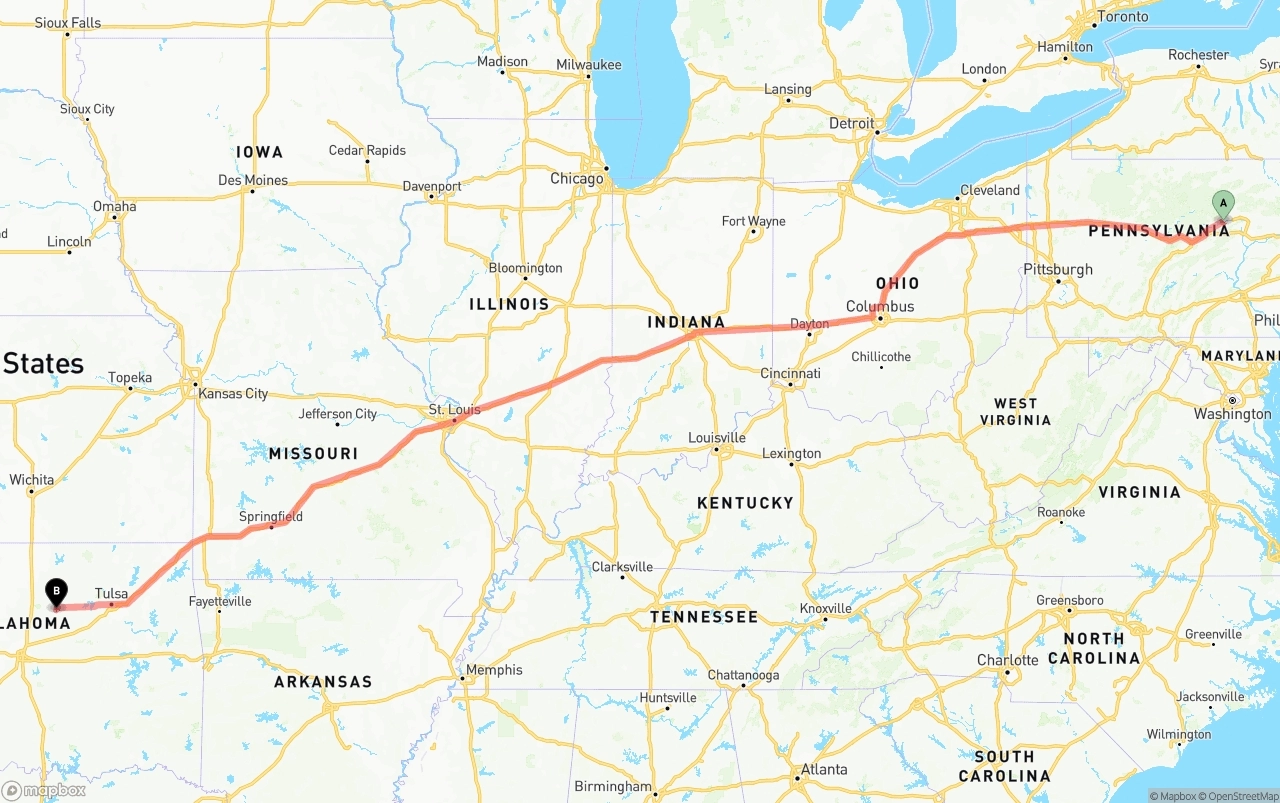 Shipping route from Pennsylvania to Oklahoma