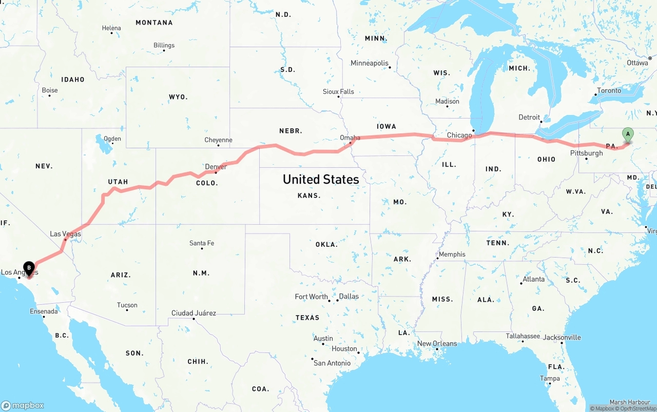Shipping route from Pennsylvania to Ontario International Airport
