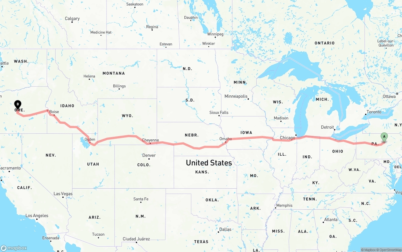 Shipping route from Pennsylvania to Oregon