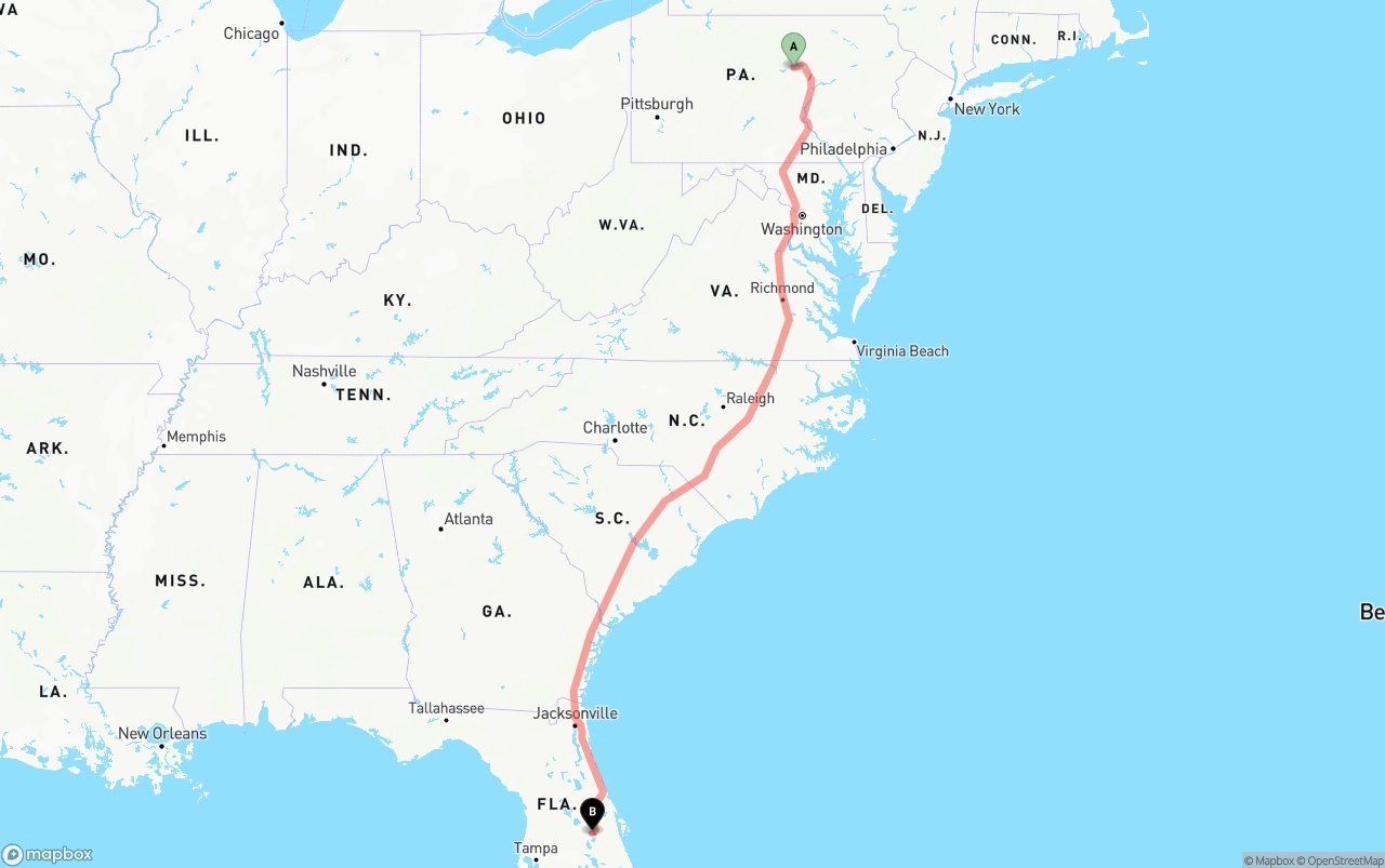 Shipping route from Pennsylvania to Orlando International Airport