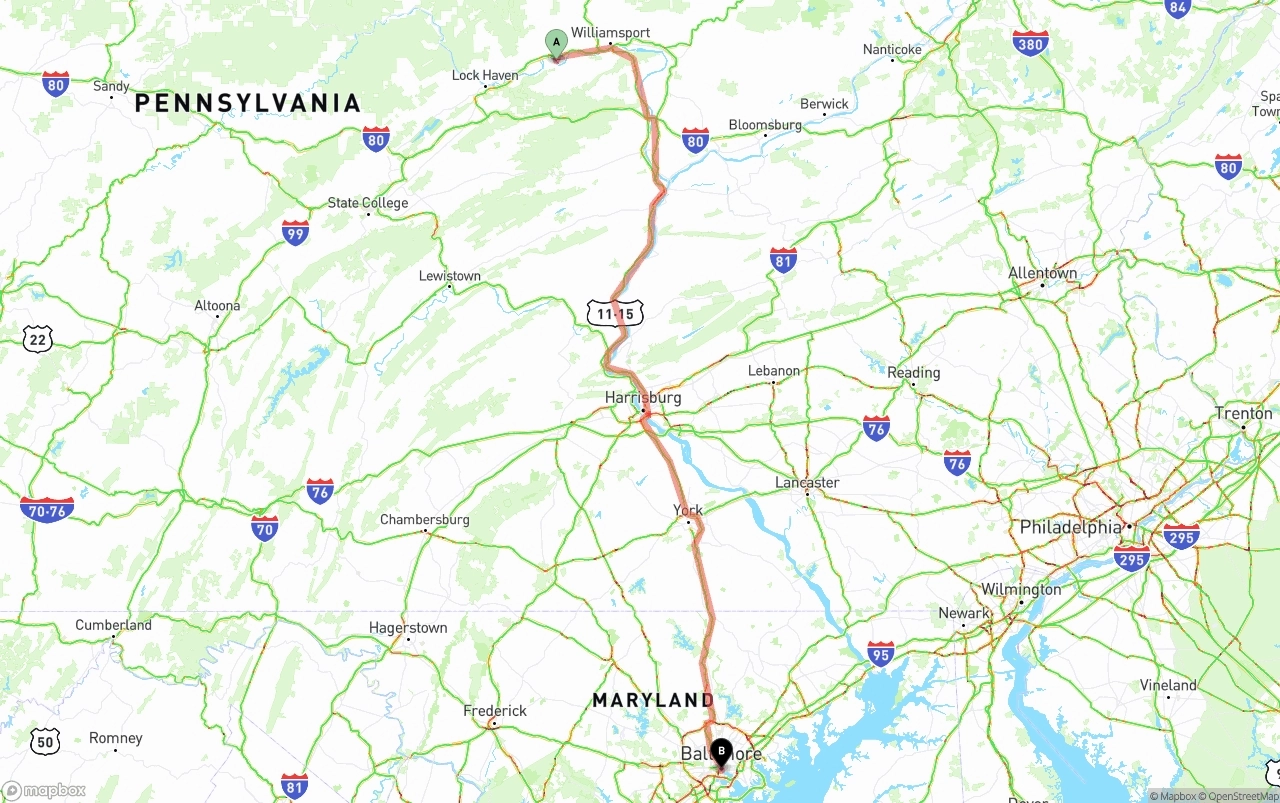Shipping route from Pennsylvania to Port of Baltimore