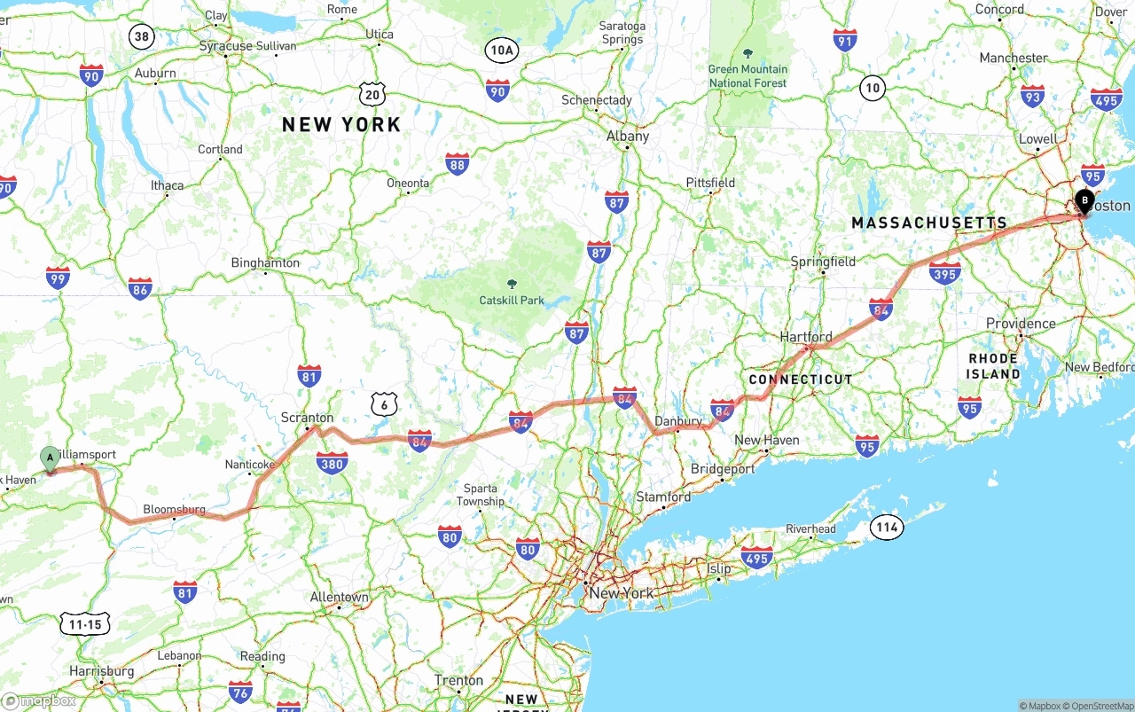 Shipping route from Pennsylvania to Port of Boston