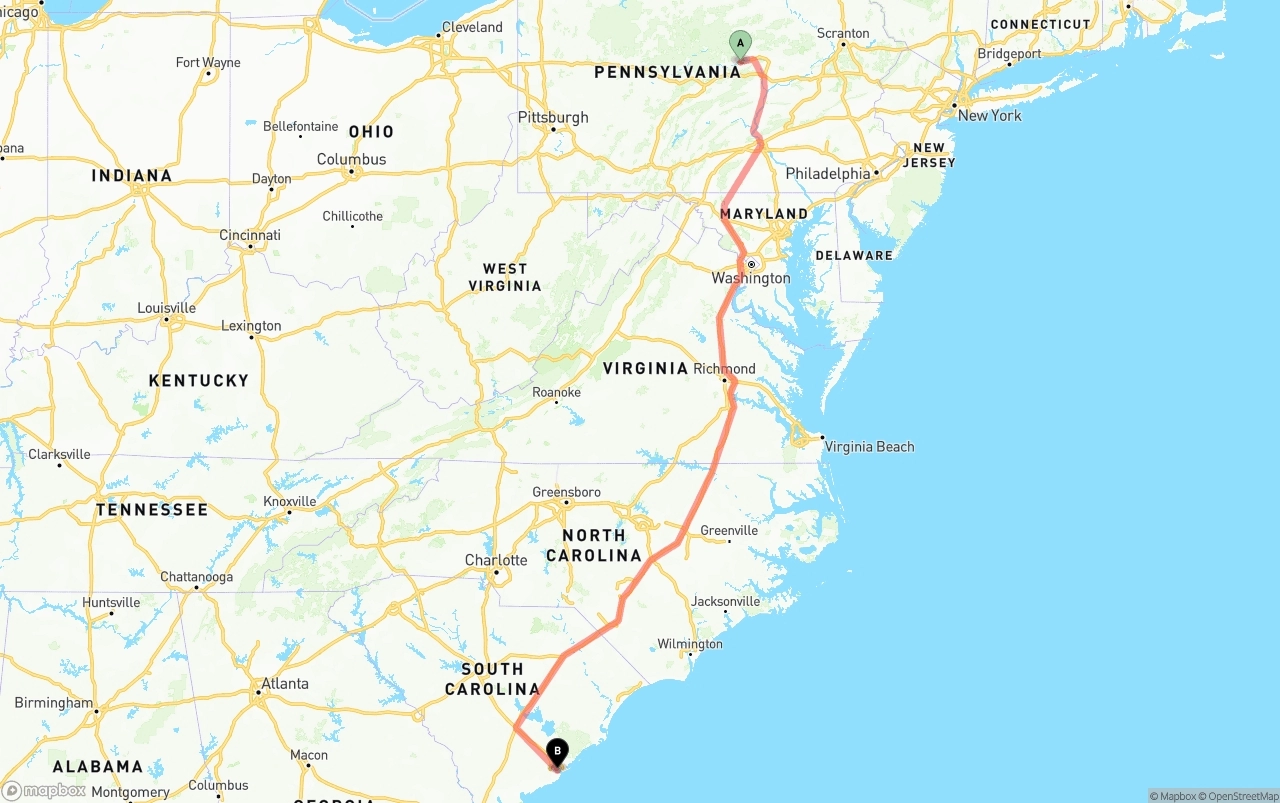 Shipping route from Pennsylvania to Port of Charleston