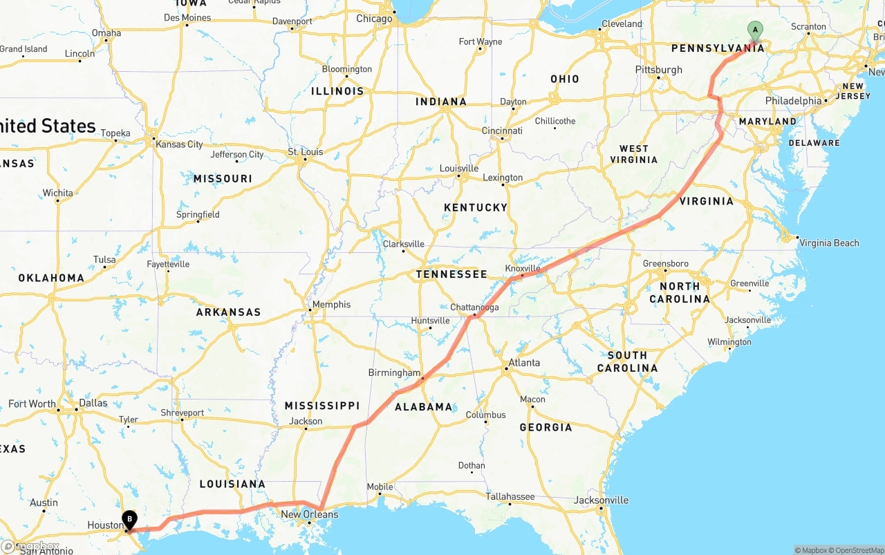 Shipping route from Pennsylvania to Port of Houston