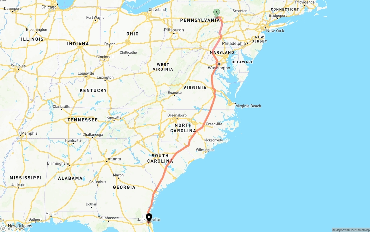 Shipping route from Pennsylvania to Port of Jacksonville
