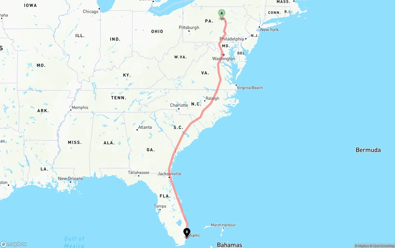 Shipping route from Pennsylvania to Port of Miami