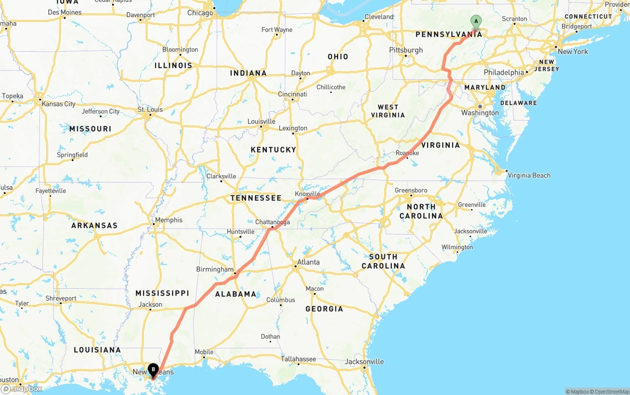 Shipping route from Pennsylvania to Port of New Orleans