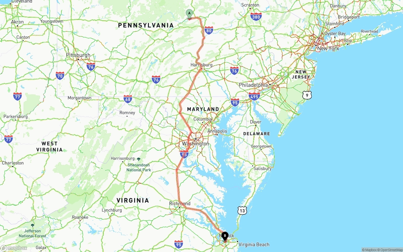 Shipping route from Pennsylvania to Port of Norfolk