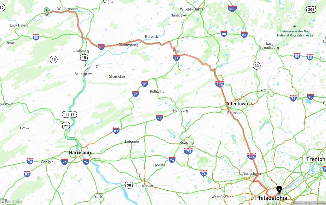 Shipping route from Pennsylvania to Port of Philadelphia