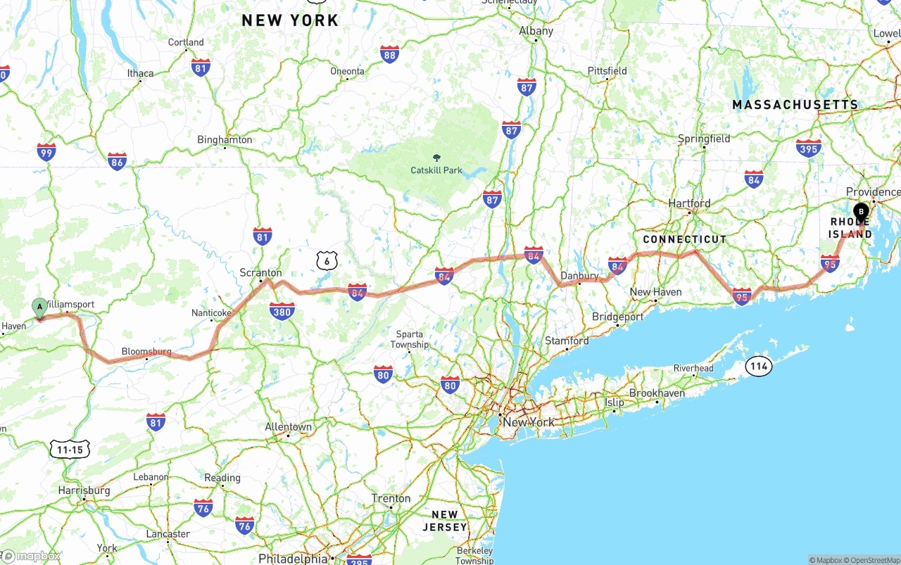 Shipping route from Pennsylvania to Rhode Island