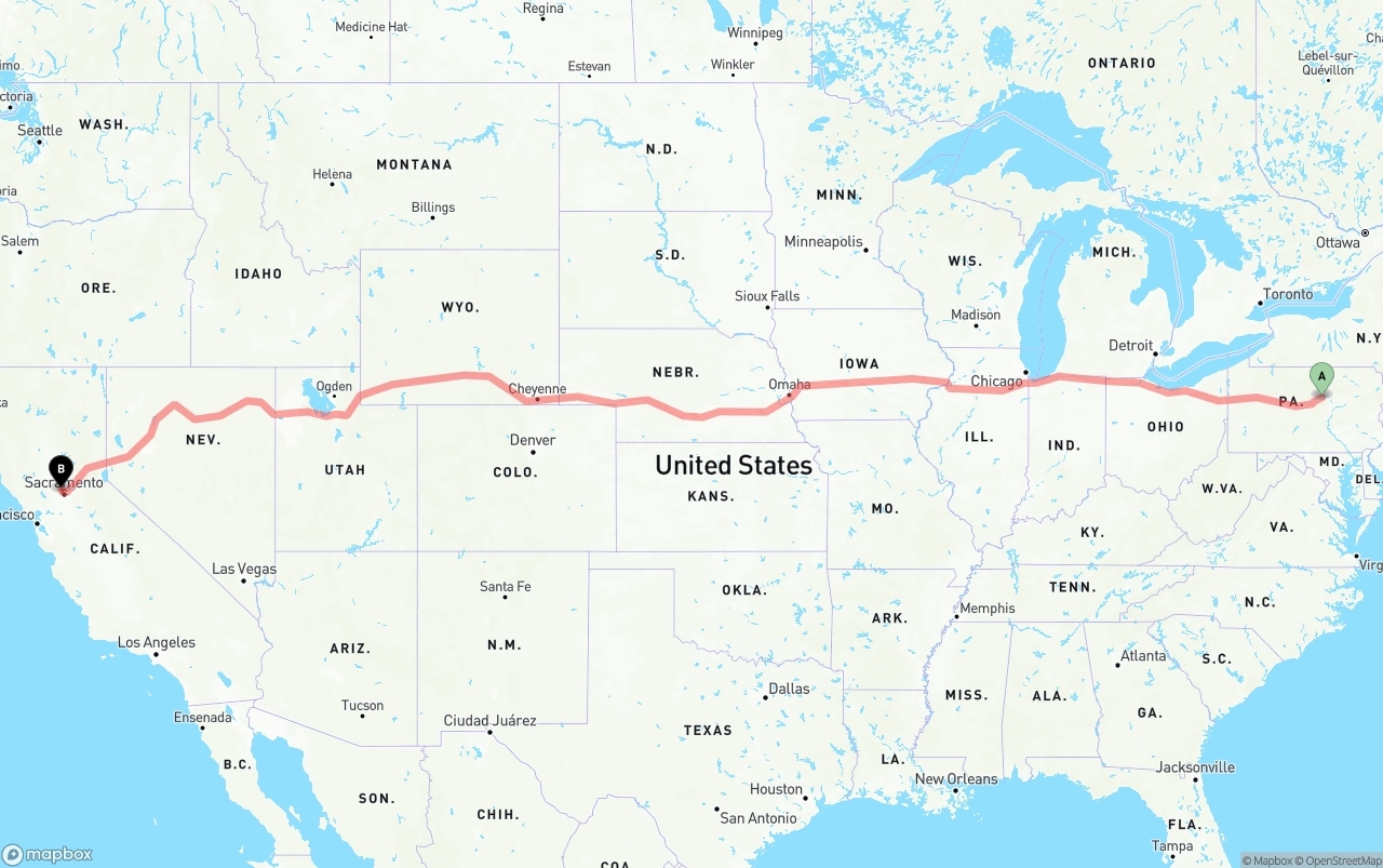 Shipping route from Pennsylvania to Sacramento International Airport