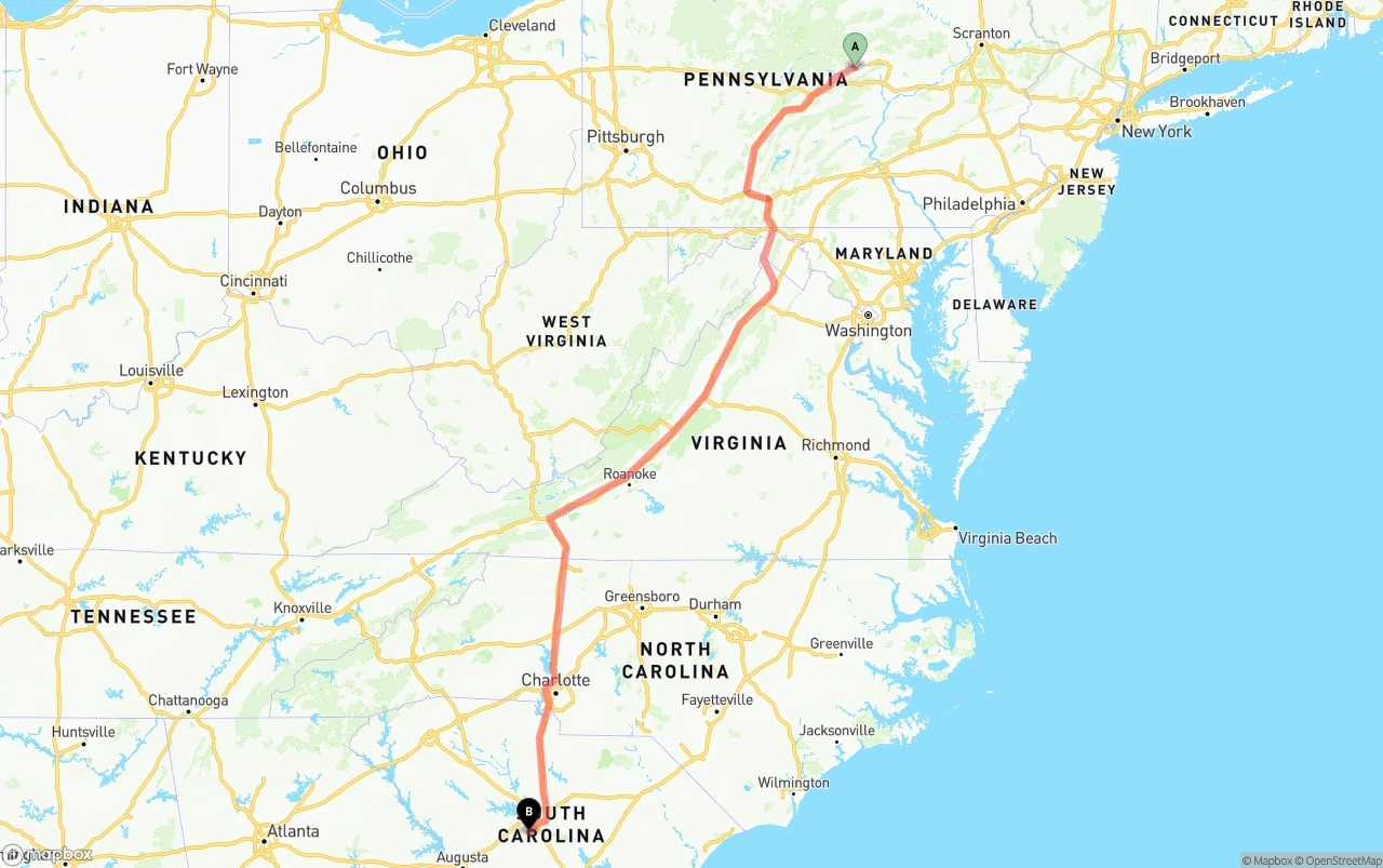 Shipping route from Pennsylvania to South Carolina