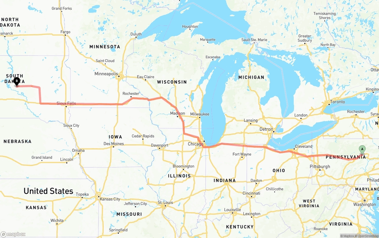 Shipping route from Pennsylvania to South Dakota