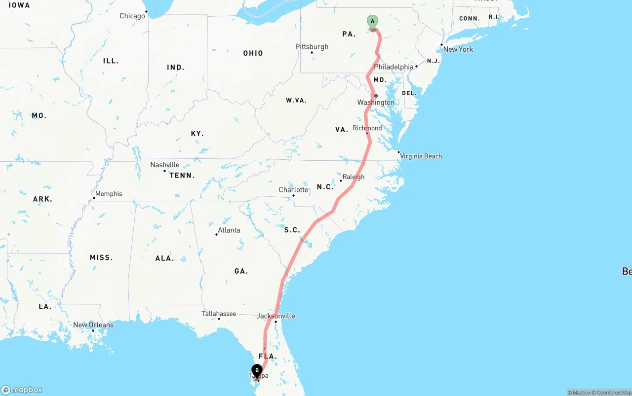 Shipping route from Pennsylvania to Tampa International Airport