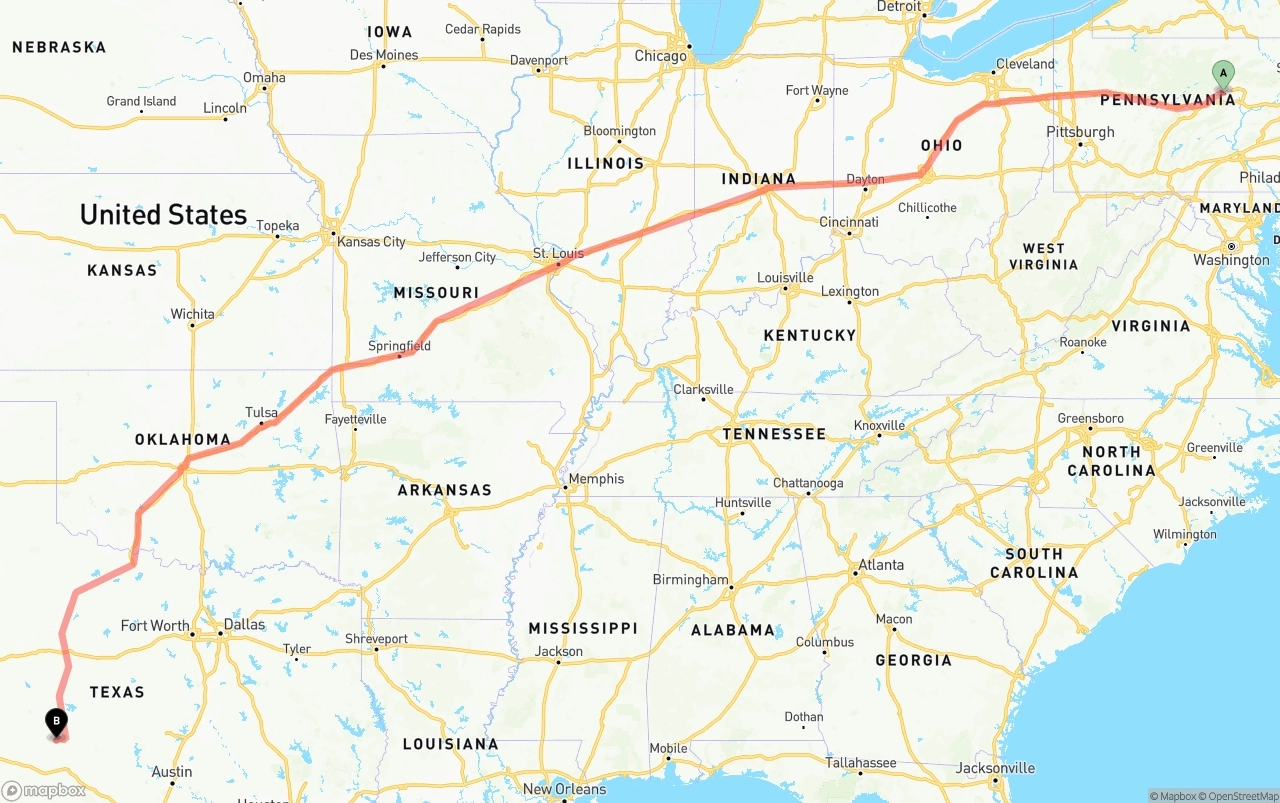Shipping route from Pennsylvania to Texas