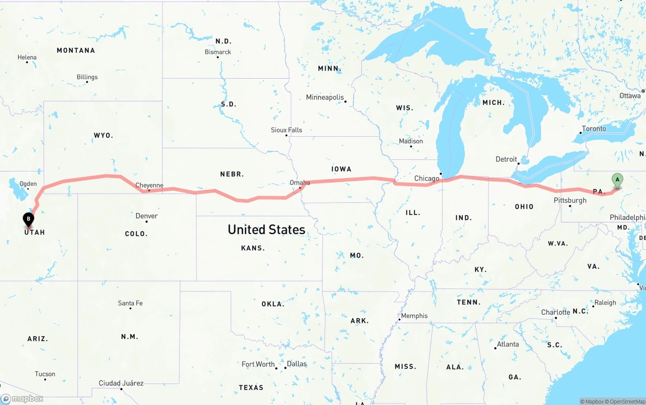 Shipping route from Pennsylvania to Utah