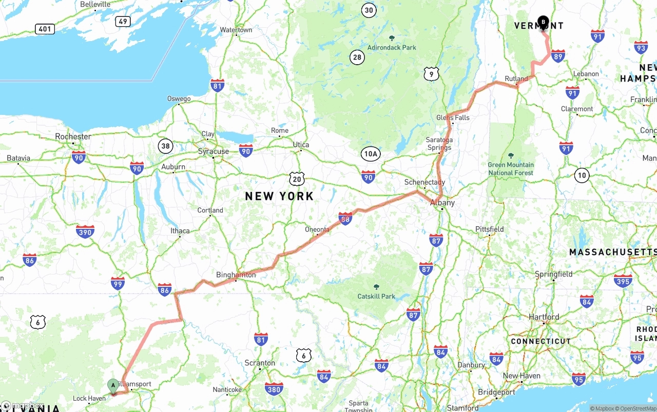 Shipping route from Pennsylvania to Vermont