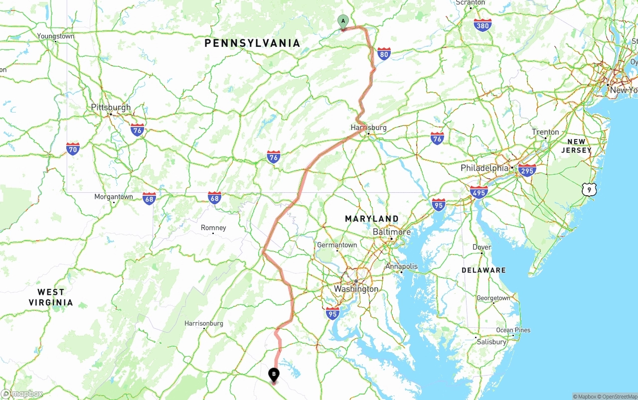 Shipping route from Pennsylvania to Virginia