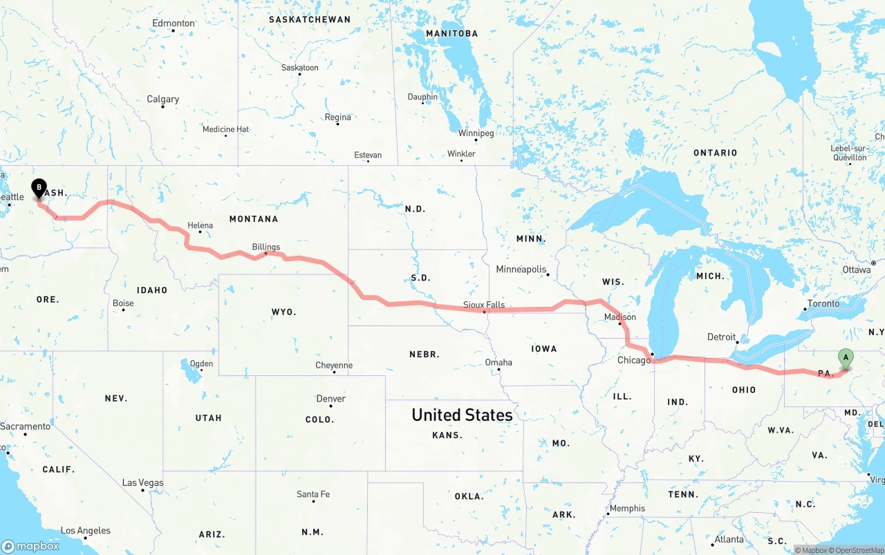 Shipping route from Pennsylvania to Washington