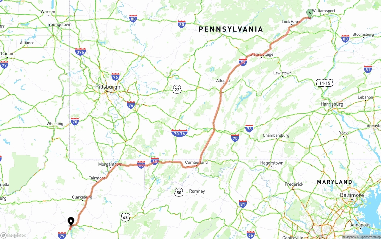 Shipping route from Pennsylvania to West Virginia