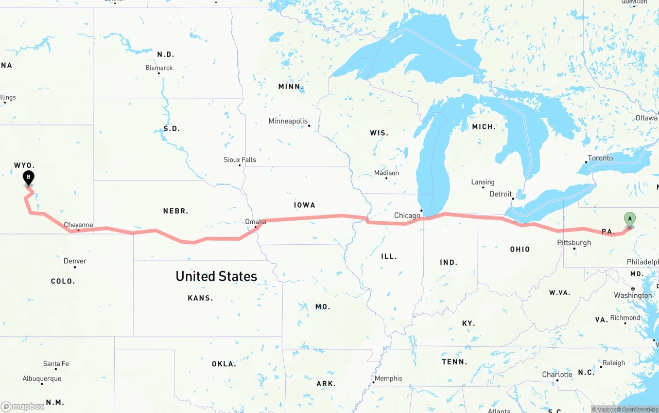 Shipping route from Pennsylvania to Wyoming