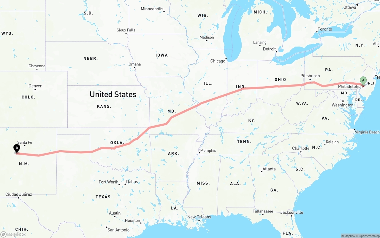 Shipping route from Philadelphia to Albuquerque