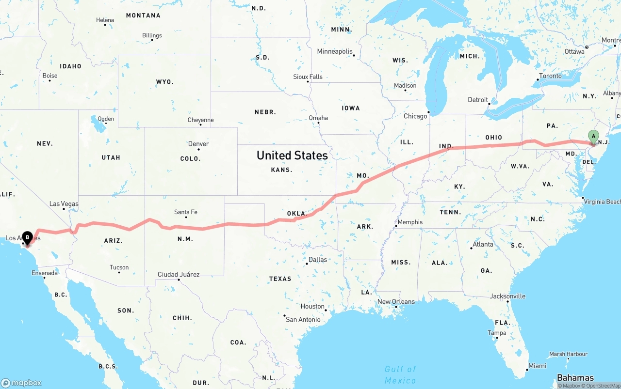 Shipping route from Philadelphia to Anaheim