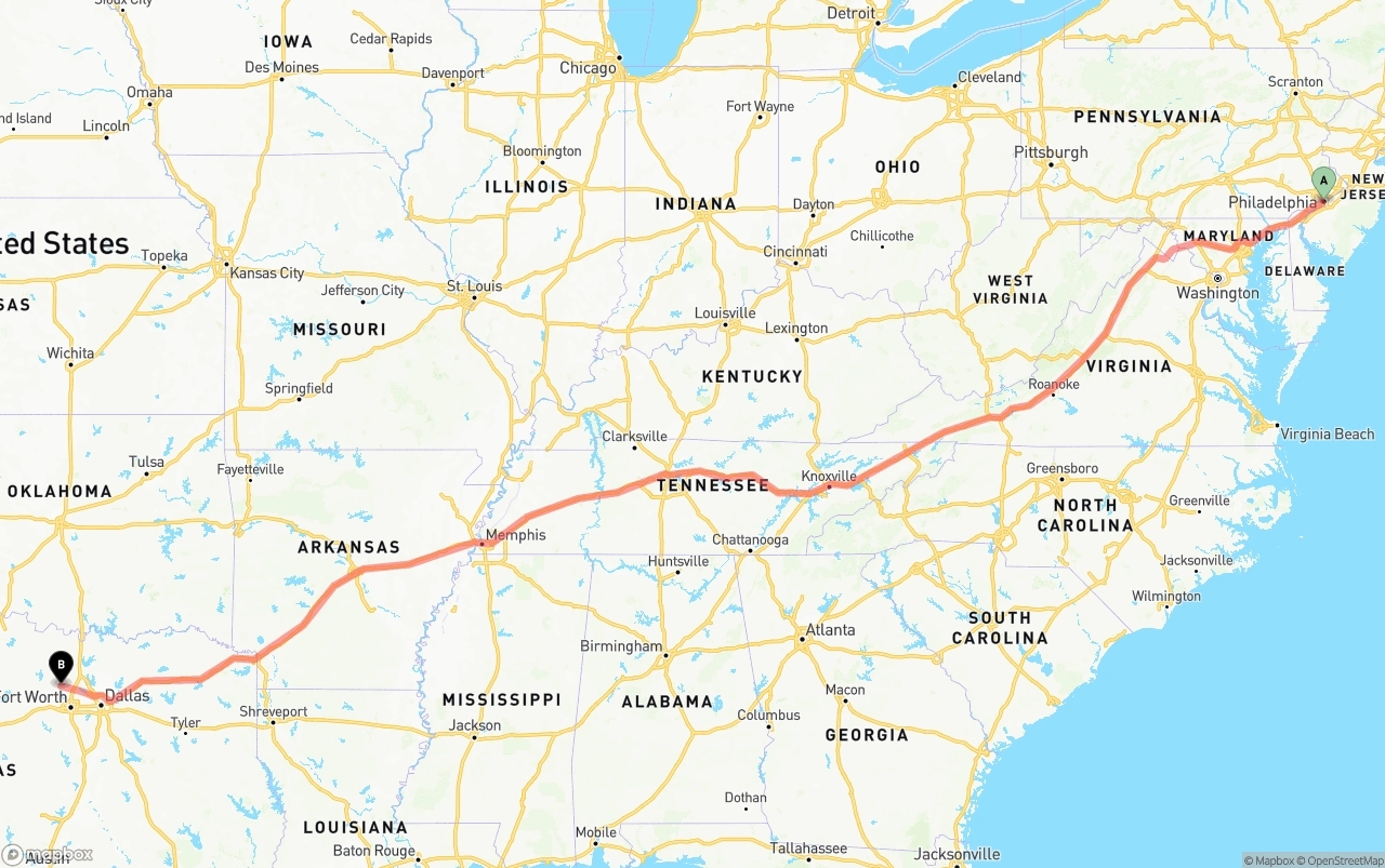 Shipping route from Philadelphia to Aurora