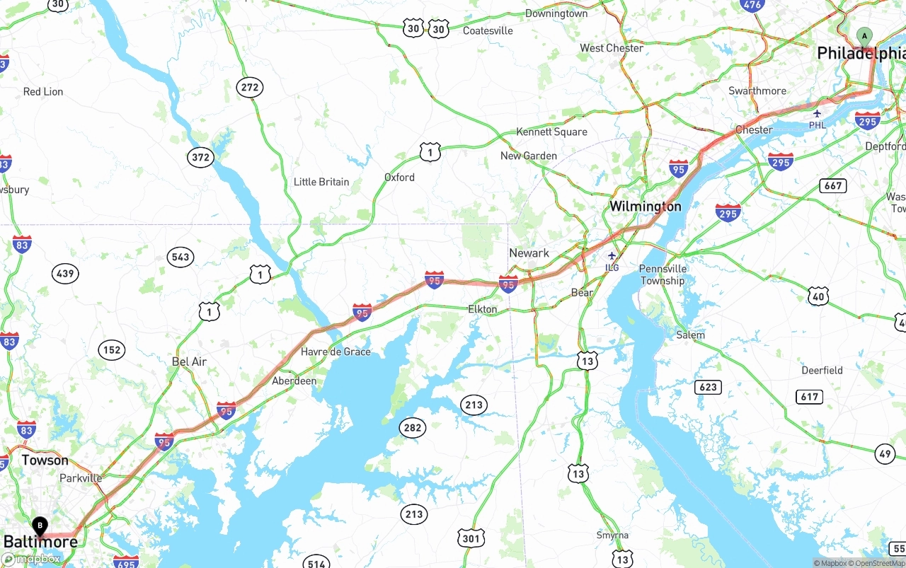 Shipping route from Philadelphia to Baltimore